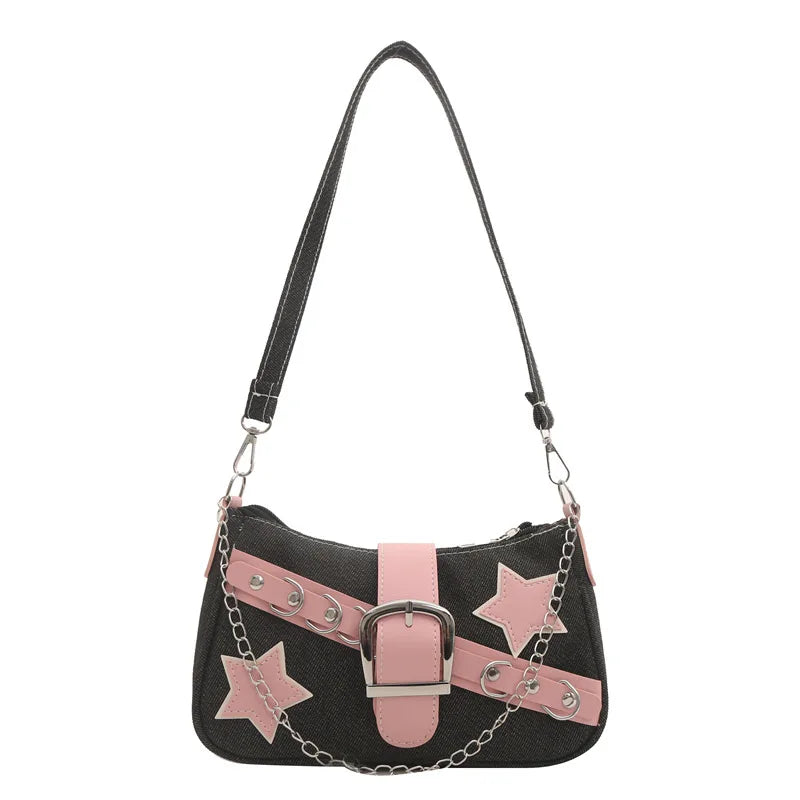 Y2k Hot Girls Denim Shoulder Bags Retro Rivet Star Women's Underarm Bag Portable Female Chain Armpit Bag Small Purse Handbags