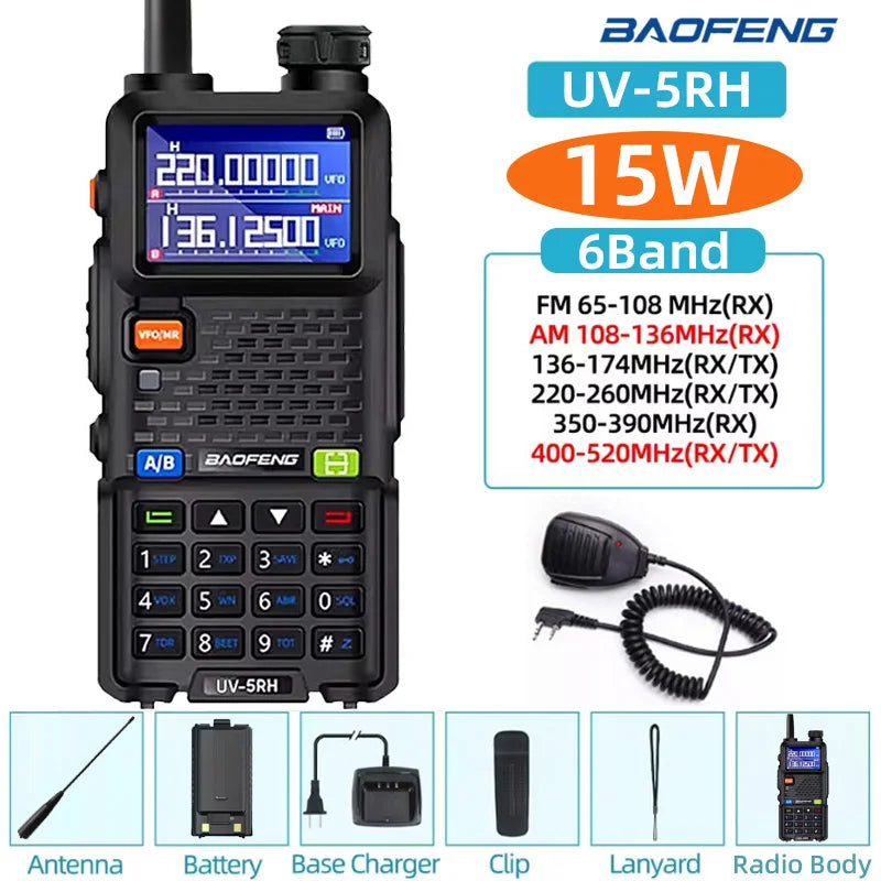 Baofeng walkie talkie UV5RH 15W, six band wireless replication frequency, 999CH, USB transceiver, HAM, , 50KM