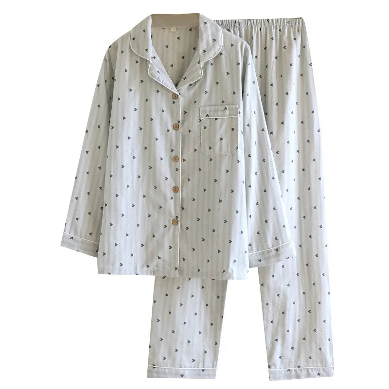 2025 Spring and Autumn Women's Pajama Set 100% Cotton Gauze Vertical Strip Love Long Sleeve Two piece Home Clothing Set