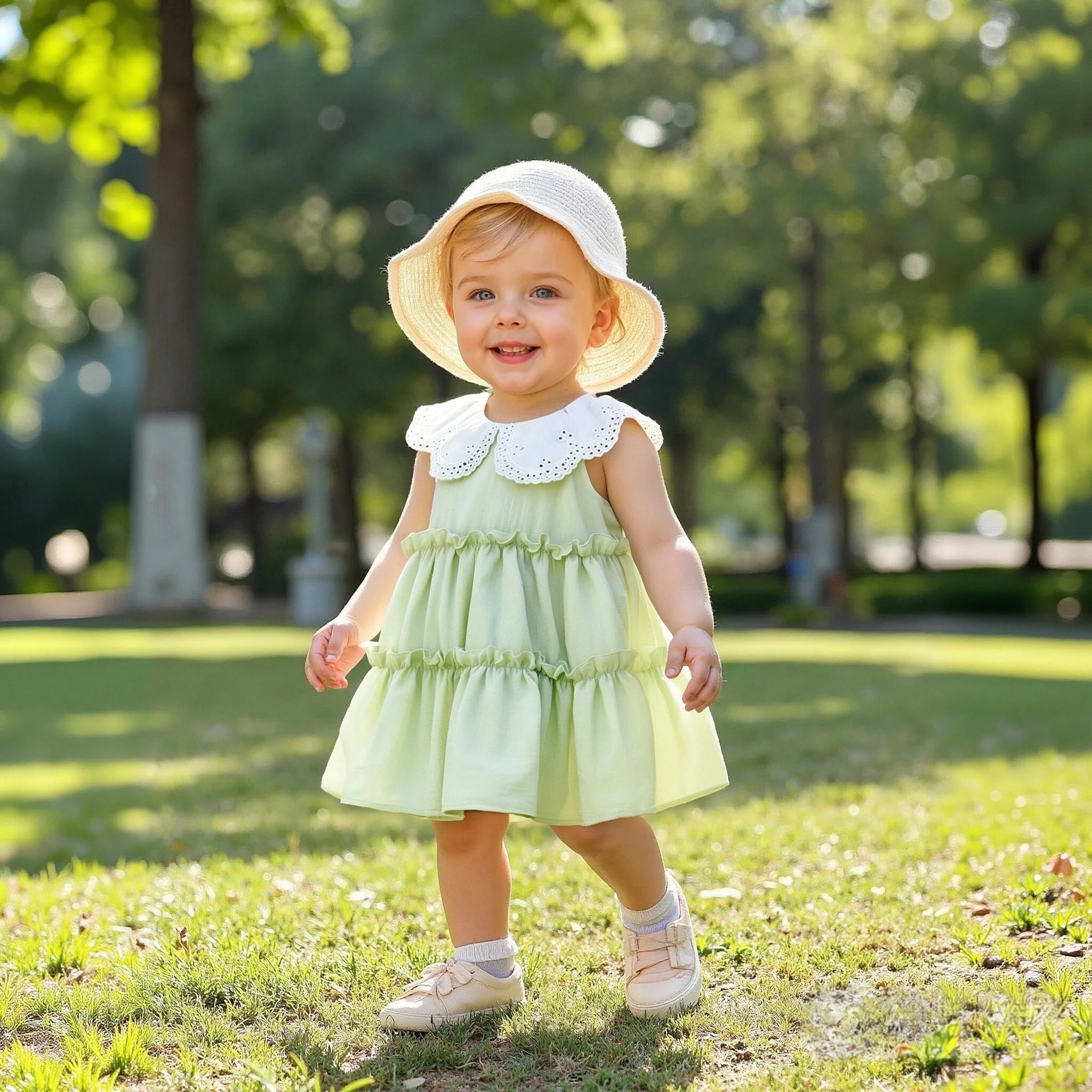 Summer New Solid Color Lace Trim Doll Neck Gentle Baby Dresses Cute Casual Baby Girl's Girl Princess Dresses