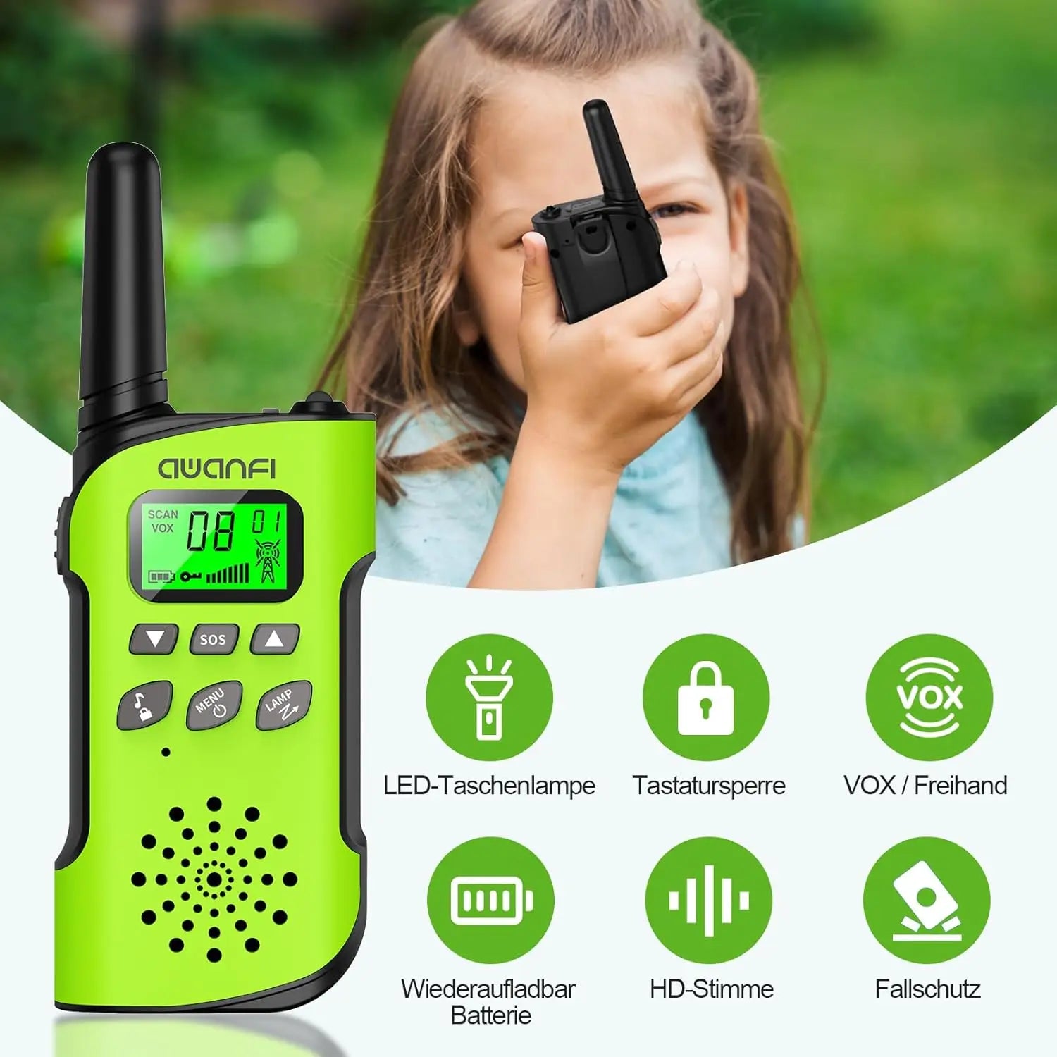 AWANFI Walkie Talkie Children, 3-12 Years, Walkie Talkie Rechargeable with Li-ion Battery, Radio Set, for Gift/Camping/Adventure