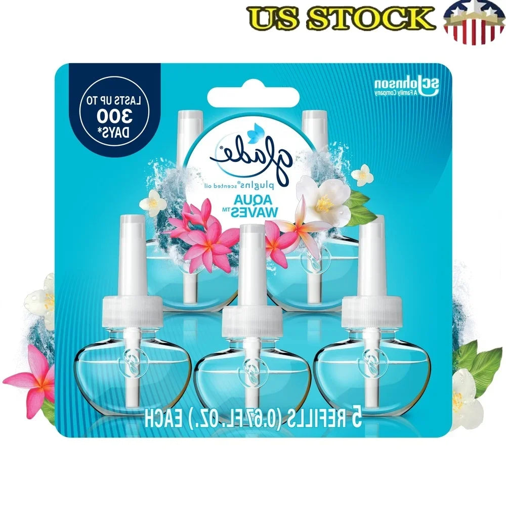Essential Oil PlugIn Air Freshener 5 Refills Aqua Waves Scent Liquid Wall Diffuser Ocean Freshness 60 Days Fragrance