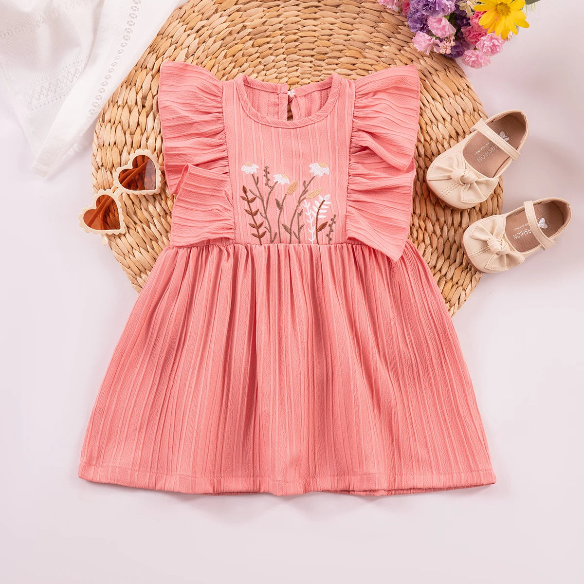 Baby Girl Summer Dress Embroidered Floral Details Sweet Solid Colour Round Neckline Fashionable Trendy Clothing