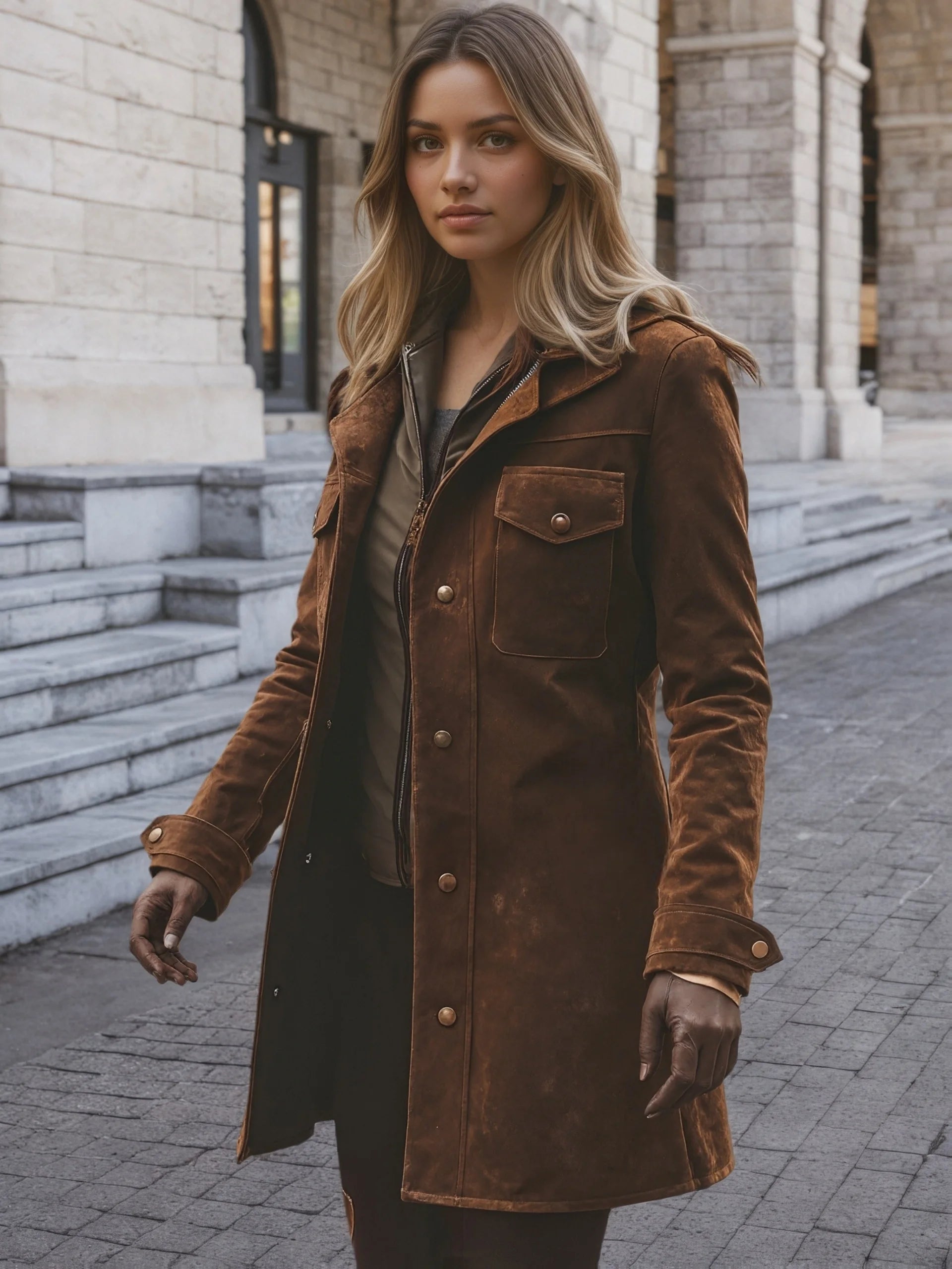 Women's brown vintage suede windbreaker: notch collar mid length jacket, button and zipper closure, patch pocket, vintage trend