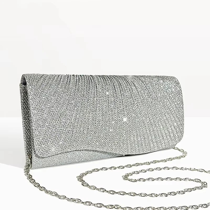 Female Fashionable  Pleated Evening Bag Diamond Wedding Clutch Purse with Long Chain Elegant Party Envelope Hangbag