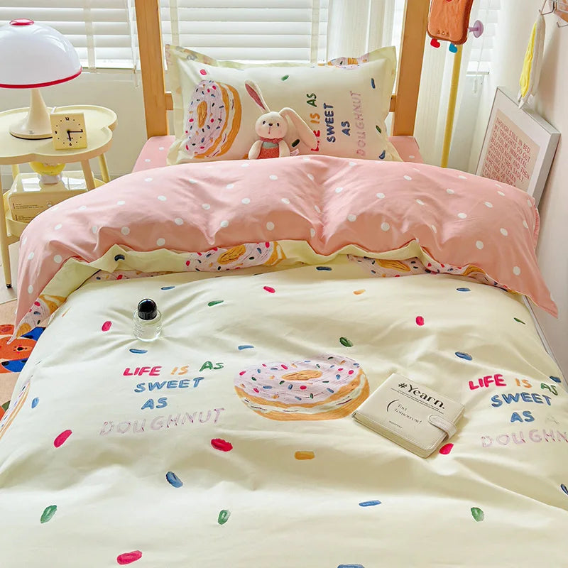 3pcs New Printed Quilt Set for Ladies Bedroom Apartment Student Dormitory Sweet Wind Cartoon (1pc Quilt Set +2pcs Pillowcase)
