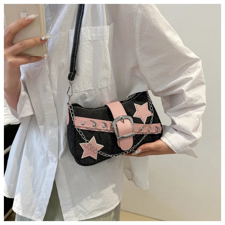 Y2k Hot Girls Denim Shoulder Bags Retro Rivet Star Women's Underarm Bag Portable Female Chain Armpit Bag Small Purse Handbags