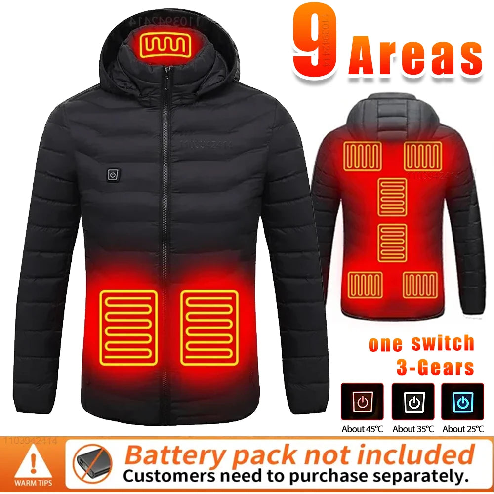 New Heated Jacket Men Women Coats 9/21 Areas USB Self Heated Clothing Winter Ski Camping Heated Down Jacket with Detachable Hood