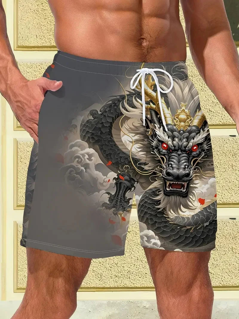 3D Dragon Print Beach Shorts Men's Plus Size Casual Swim Shorts New In Quick Dry Ice Board Short Hommes Streetwear