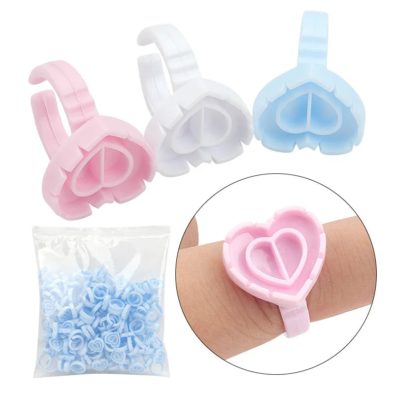 100Pcs Disposable Heart-shaped Glue Ring Cup Eyelash Extension Tattoo Pigment Holder Pallet Lashes Makeup Tools
