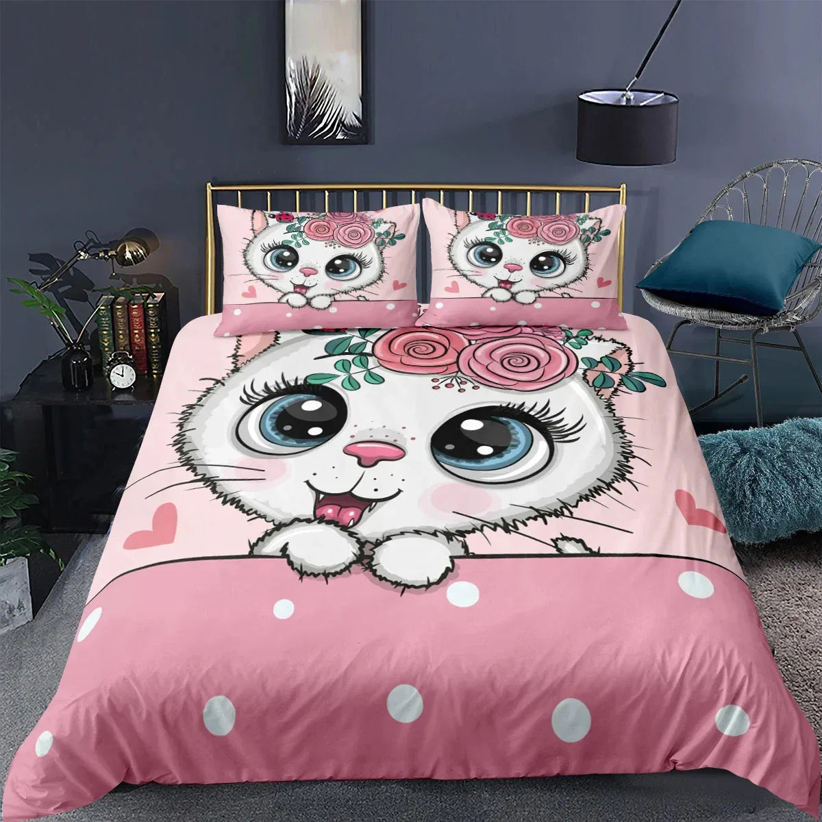 3PCS Single-sided Printed Bedding Set ,Comforter Cartoon Cute Cat Duvet Bedding Cover Pillows Comfortable Bedspreads Bedding Set