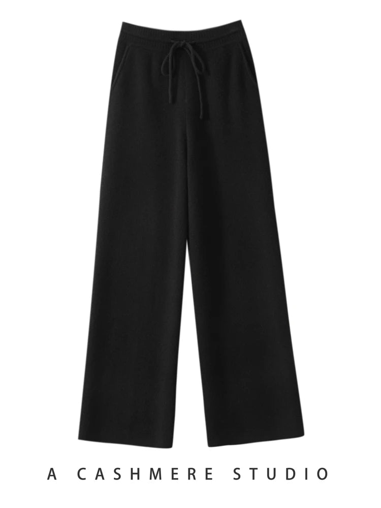 100% Cashmere High Waist Wide Leg Pants For Women Winter Thick Warm Solid Trousers Belt Casual Basic Pants Korean Popular Tops