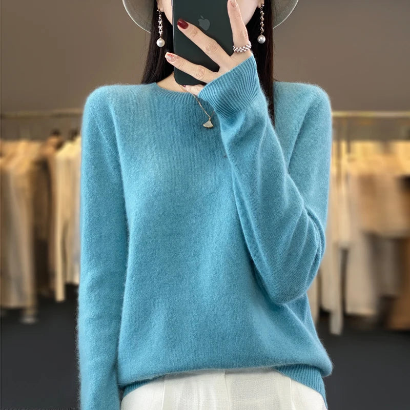 2024 Fashion 100% Merino Wool Sweater Cashmere Pullover O-Neck Long Sleeve Women Knitwear Autumn Winter Clothing Y2K Tops O Ling