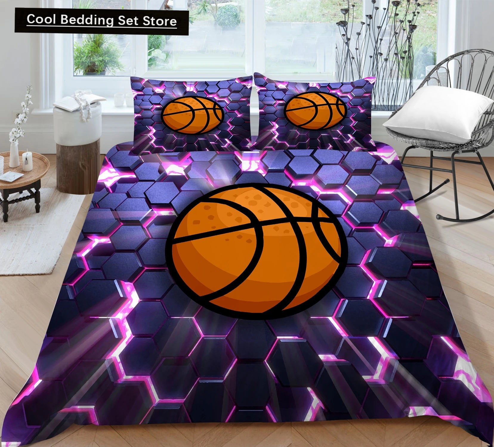 3D Basketball King Queen Duvet Cover Sports Theme Bedding Set for Kids Teens Boys Ball Game Bedroom Decor Soft Comforter Cover