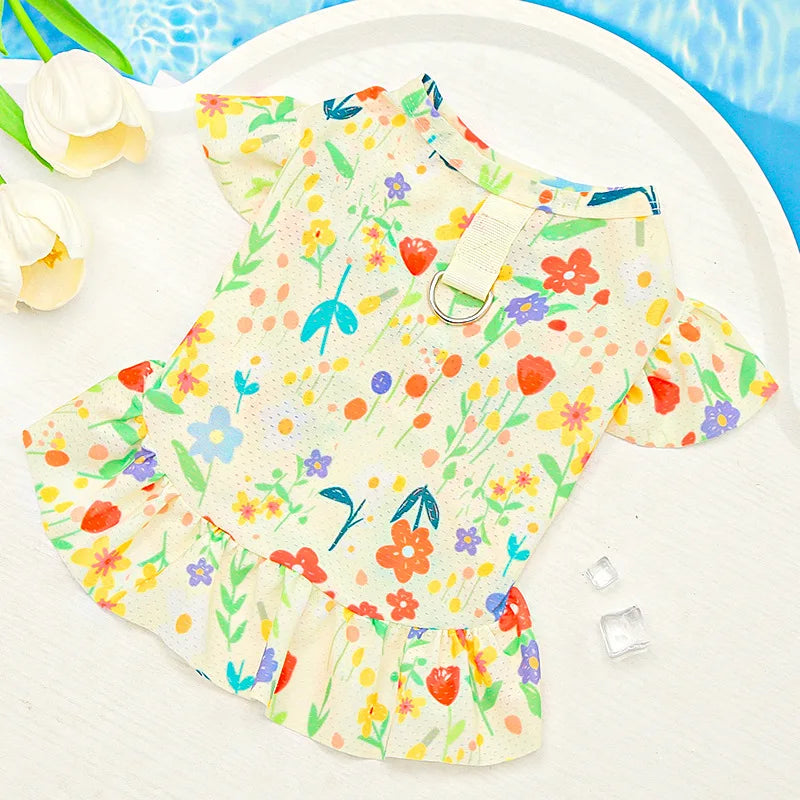 Summer Mesh Dog Clothes Fashion Dog Dresses Floral Print Puppy Princess Dress Ice Silk Cat Flying Sleeve Skirt Yorkshire Apparel