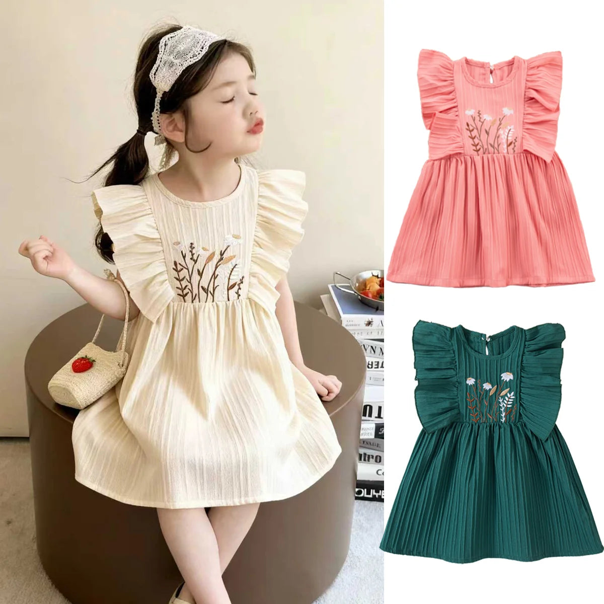 Baby Girl Summer Dress Embroidered Floral Details Sweet Solid Colour Round Neckline Fashionable Trendy Clothing