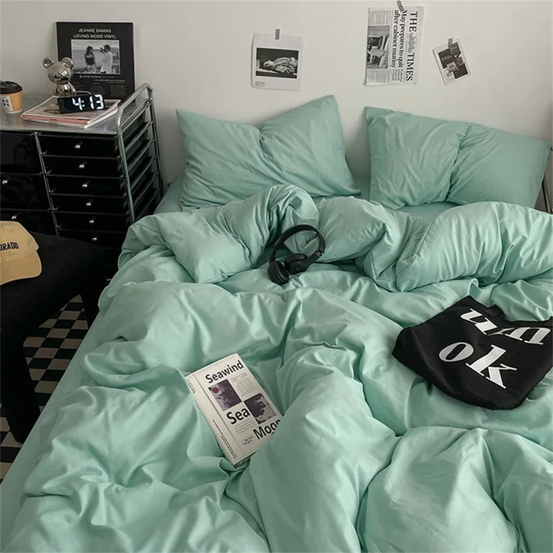 100% Cotton Bed Linen Bedding Set Washed Cotton Four Pieces Bed Sheet Set Comforter Sets Dolid Double Couple Bed Quilt Cover