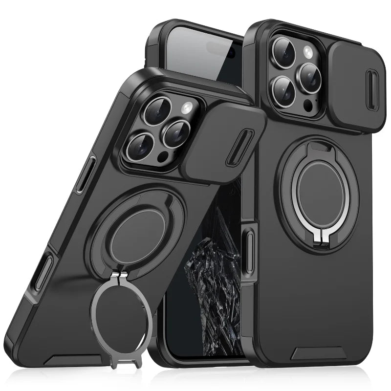 Luxury Heavy Duty Rugged Armor Magnetic Bracket Case For iPhone 16 15 14 13 12 11 Pro Max Plus Slide Camera Protection PC Cover