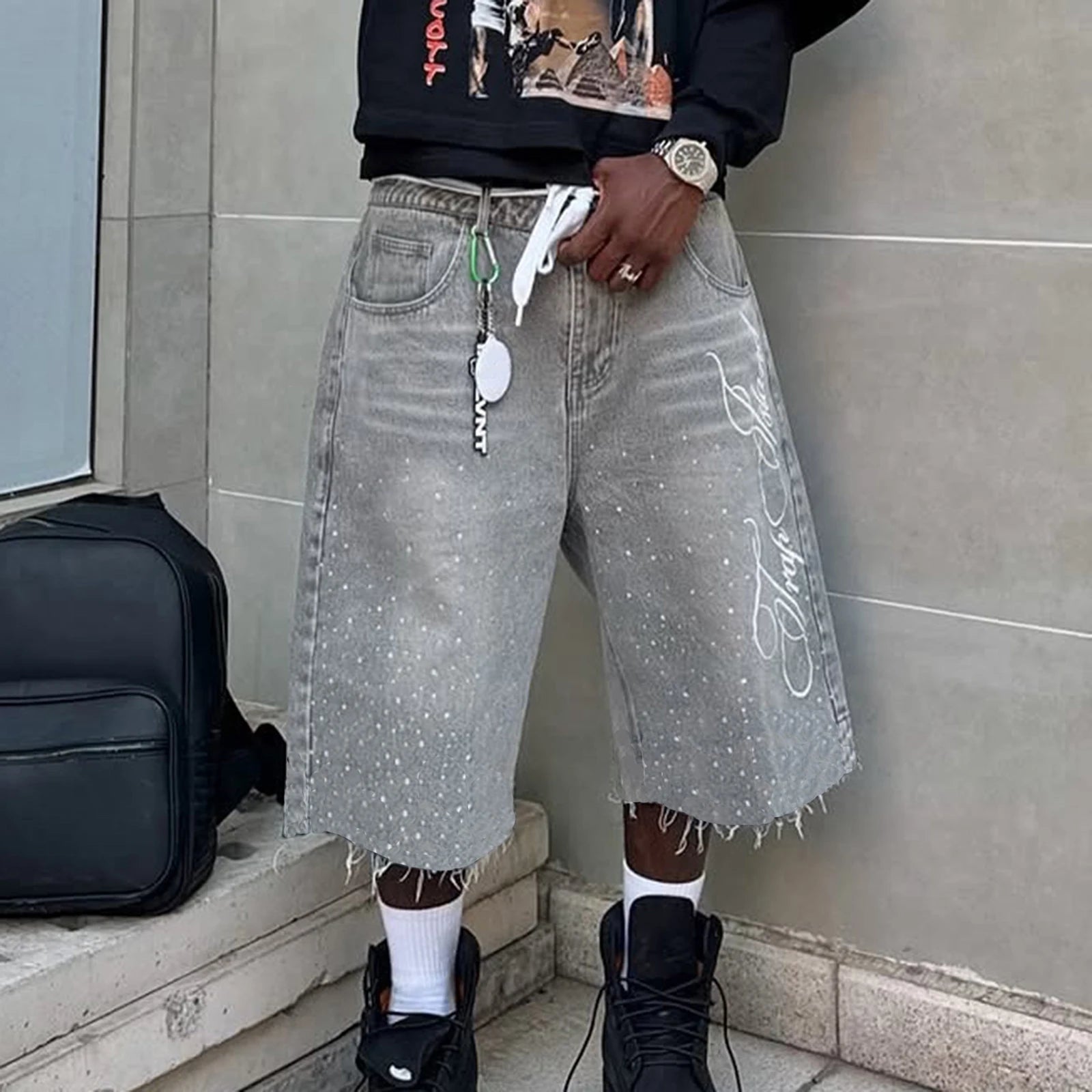 Men's Summer Casual Denim Shorts Knee Length Trendy Letter Embroidered Rhinestone Jeans Shorts Fashion Streetwear