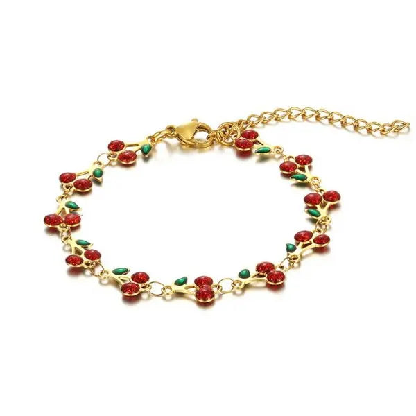 Stainless Steel Charm Cherry Bracelet for Women Bohemian Colorful Fruit Metal Chain Bracelets Girl Party Holiday Wrist Jewelry