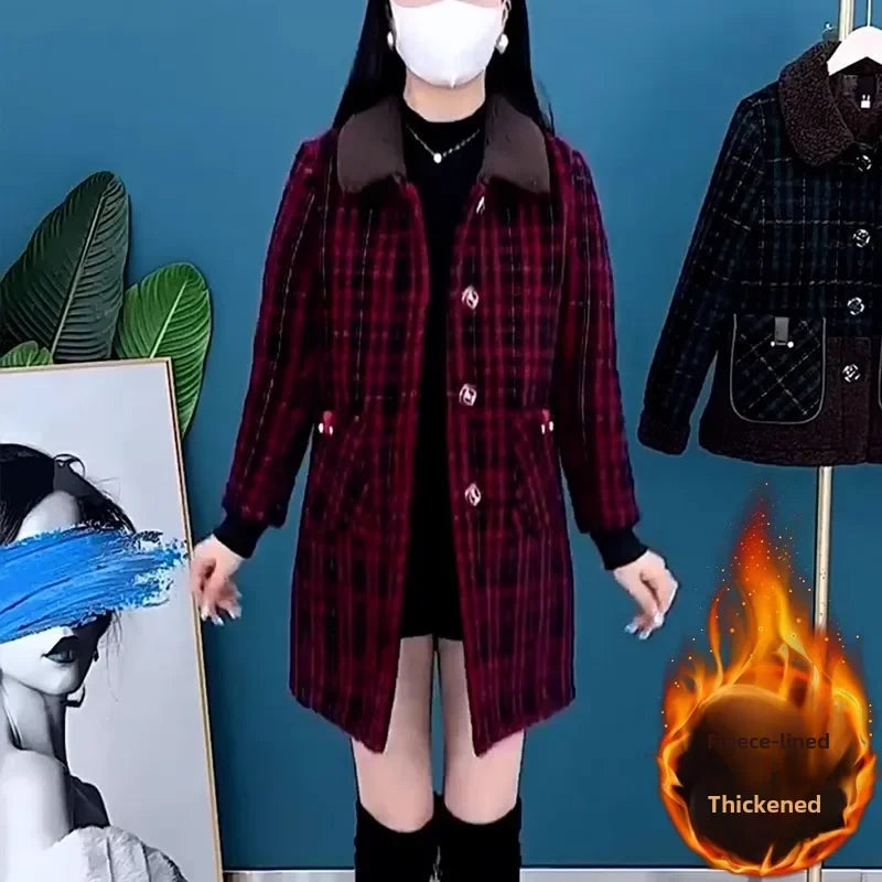 Elegant Thickened Fleece-lined Medium-length Autumn/winter Jacket For Women Fashionable Slimming High-end Mother's Attire