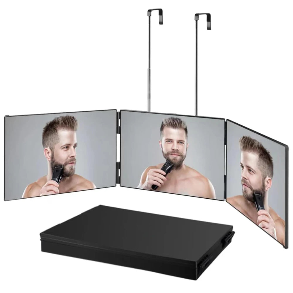 S Travel Portable 360 Trifold Vanity Makeup Mirror with Height Adjustable Telescoping Hook for Hair Self Cutting Fordable Mirror