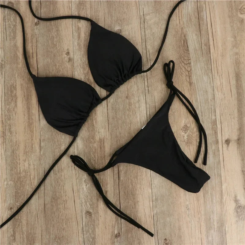 Bikini Sexy Swimsuits Swimwear Swimming Suit for Women Hanging Neck Tie Up Bikini Solid Color Sexy Split Strap Swimsuit Set