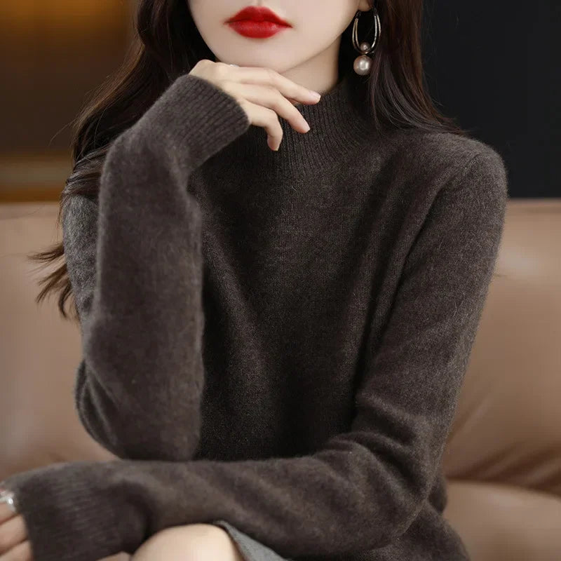 Women's Knitwear Autumn Winter Sweater Korean Basic Solid Long Sleeve Pullovers Warm Bottoming Shirts Half High Collar Black Red