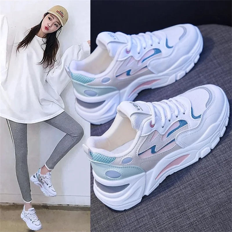 2023 Shoes Female  Spring New Net Shoes Breathable Stripes Hit Color White Sports Walking Flats Shoes for Women