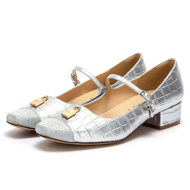 CHCH Women's High Heels New Low Heel Texture Mommy Casual Shoes Mary Jane Shoes