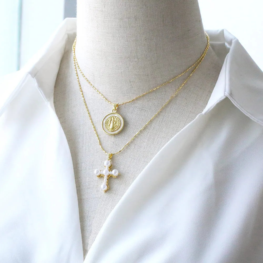 Round San Benito Necklaces for Women Gold Plated Cross Necklaces Religious Amulet Jewelry Gifts nkev31