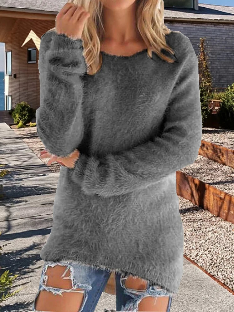 Women Cotton Warm Knitted Sweater Solid Color O Neck Loose Pullover Long Sweater Casual Oversize Blouse Ladies Hipster Clothing