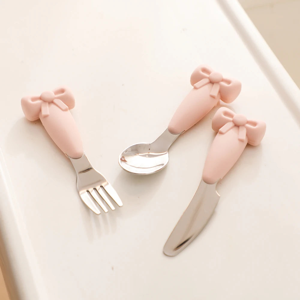 Baby Tableware Set BPA Free Silicone Bow Dish Tie Bowl Fork Food Plate Stainless Spoon Non-slip Tableware Newborn Feeding Tool