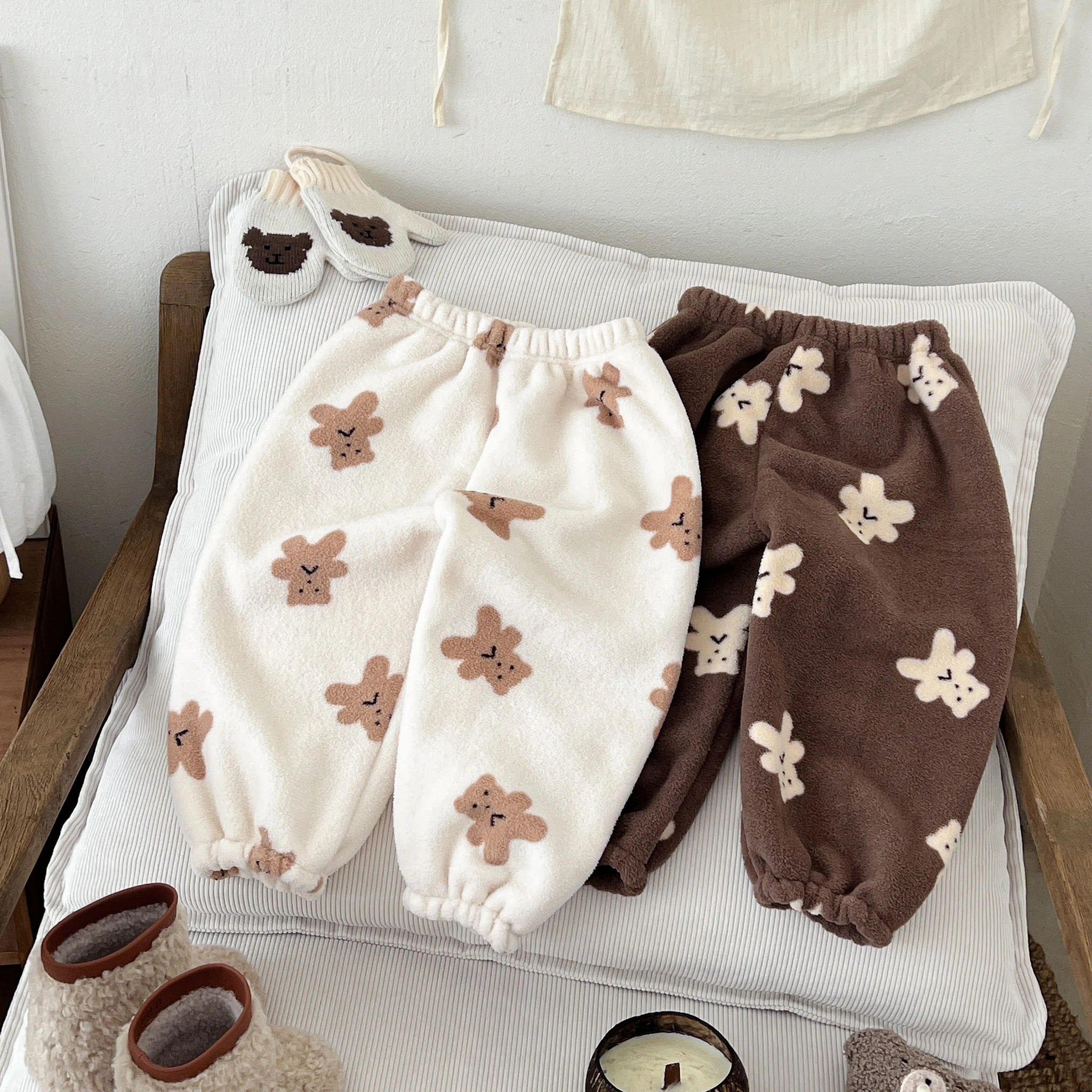 Cute Little Bear Plush Pants For Baby Boys Girls Pajamas Pants Cartoon Fashion Full Print Pants Home Wear Loose Casual Trousers