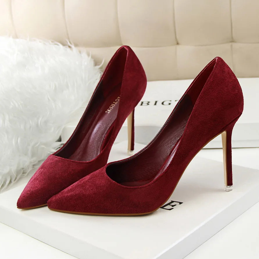 Women 9cm High Heels Yellow Burgundy Pumps Plus Size Stripper Suede Escarpins Lady Wedding Bridal Scarpins Green Blue Prom Shoes