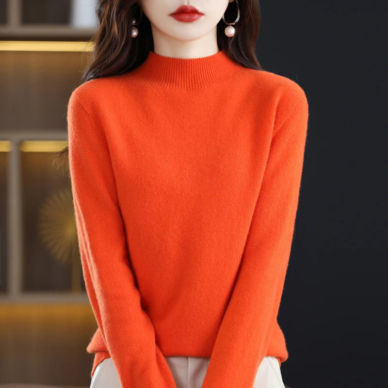 New Fashion Autumn And Winter Pure Wool Sweater Top Women's Semi-Turtleneck Solid Color Long-Sleeved Fashion Pullover Sweater101