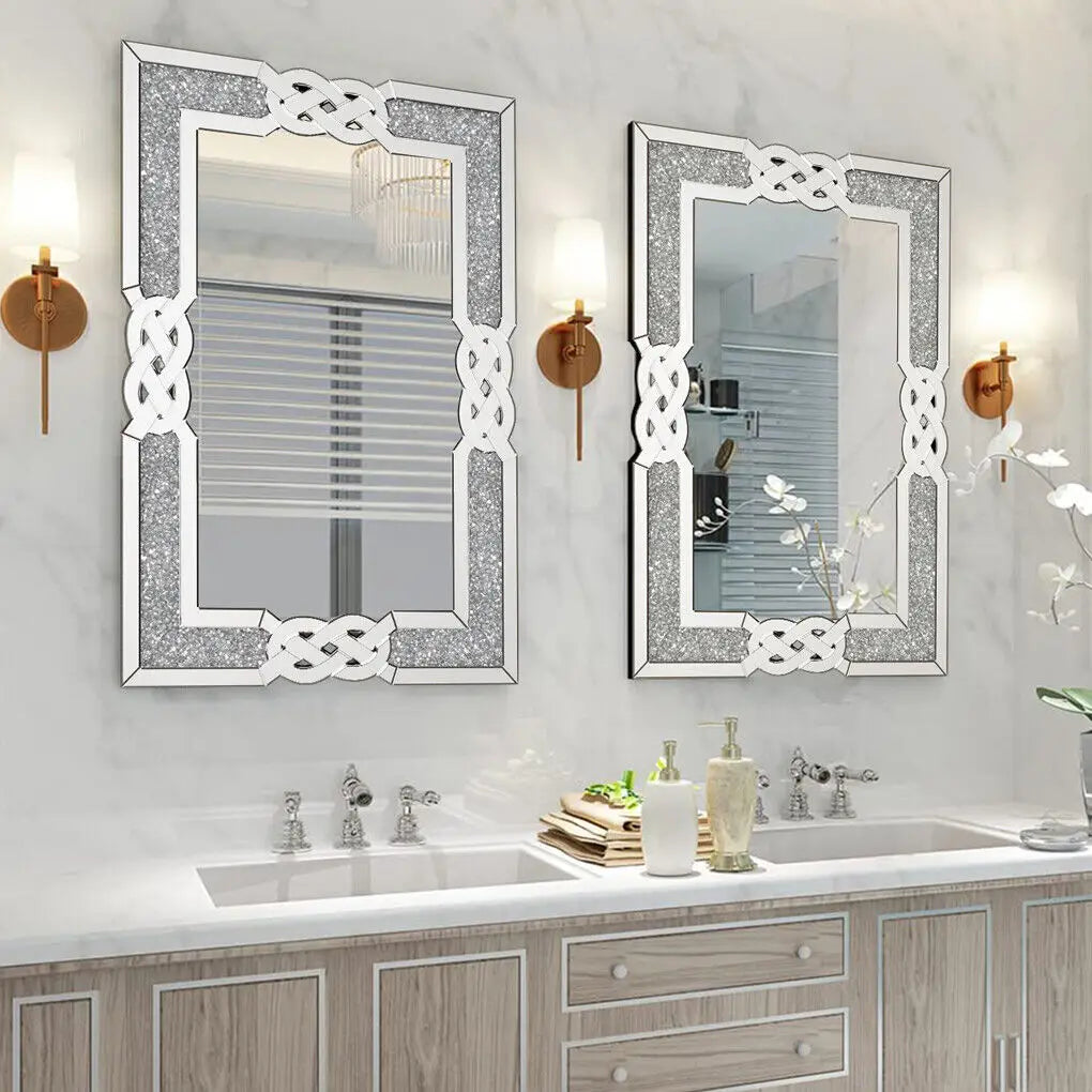 LUVODI Large Crush Diamond Full Body Wall Mirror Artistic Silver Bathroom Vanity Mirror