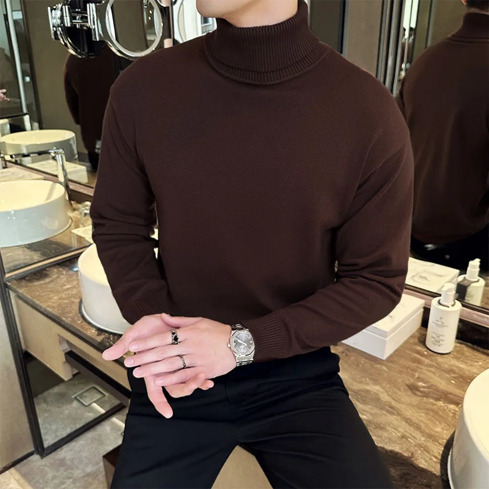 Korean Fashion Autumn Winter Sweaters Men Pullovers Fleece Turtleneck Knitted Sweatshirt Warm Bottoming Shirts