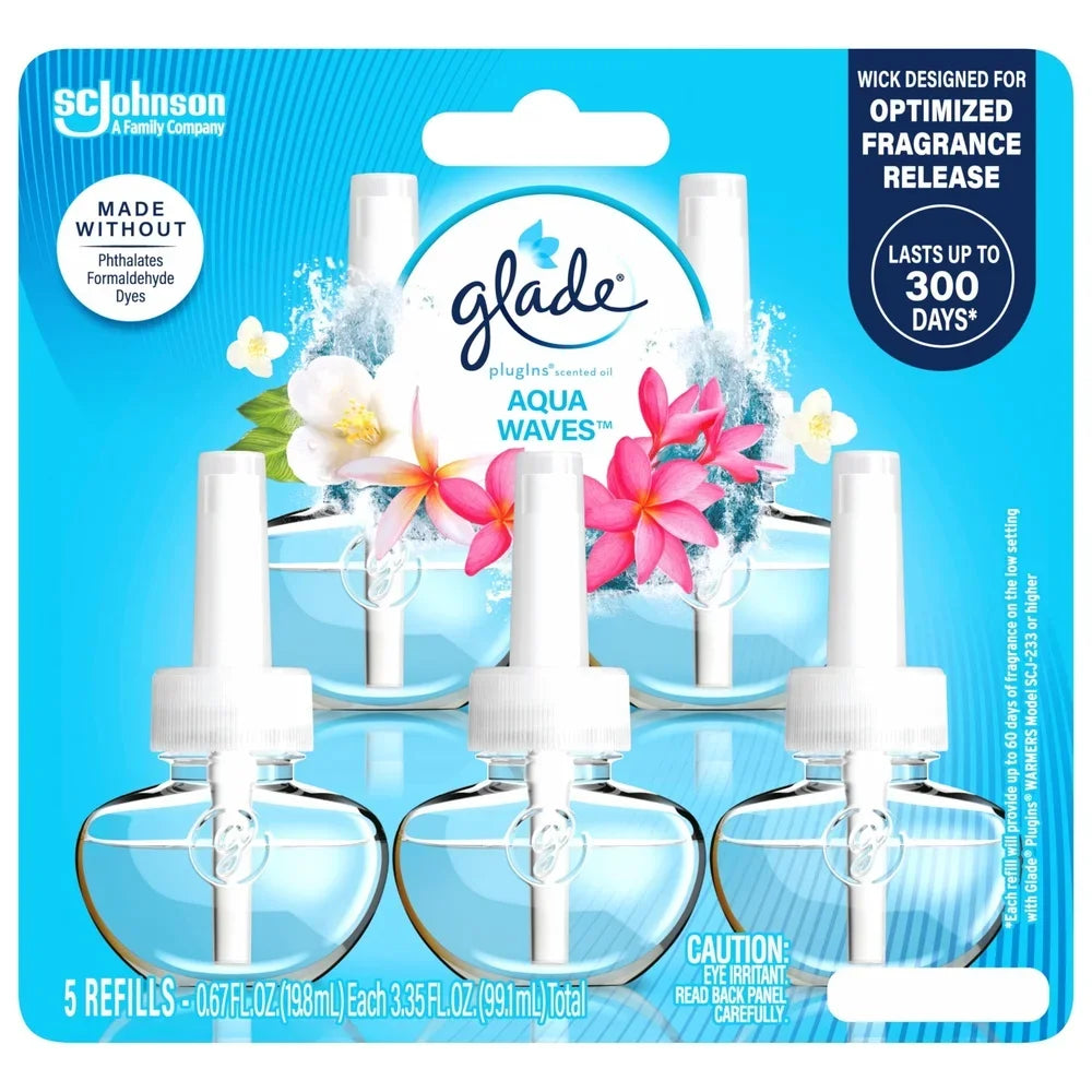 Essential Oil PlugIn Air Freshener 5 Refills Aqua Waves Scent Liquid Wall Diffuser Ocean Freshness 60 Days Fragrance