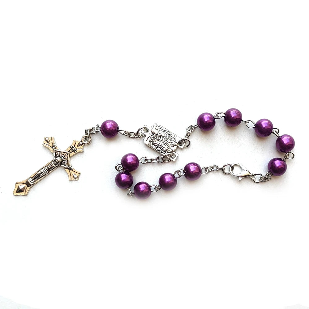 QIGO Purple Plastic Bead Cross Rosary Bracelets Car Pendant Catholic Praying Jewelry Gift