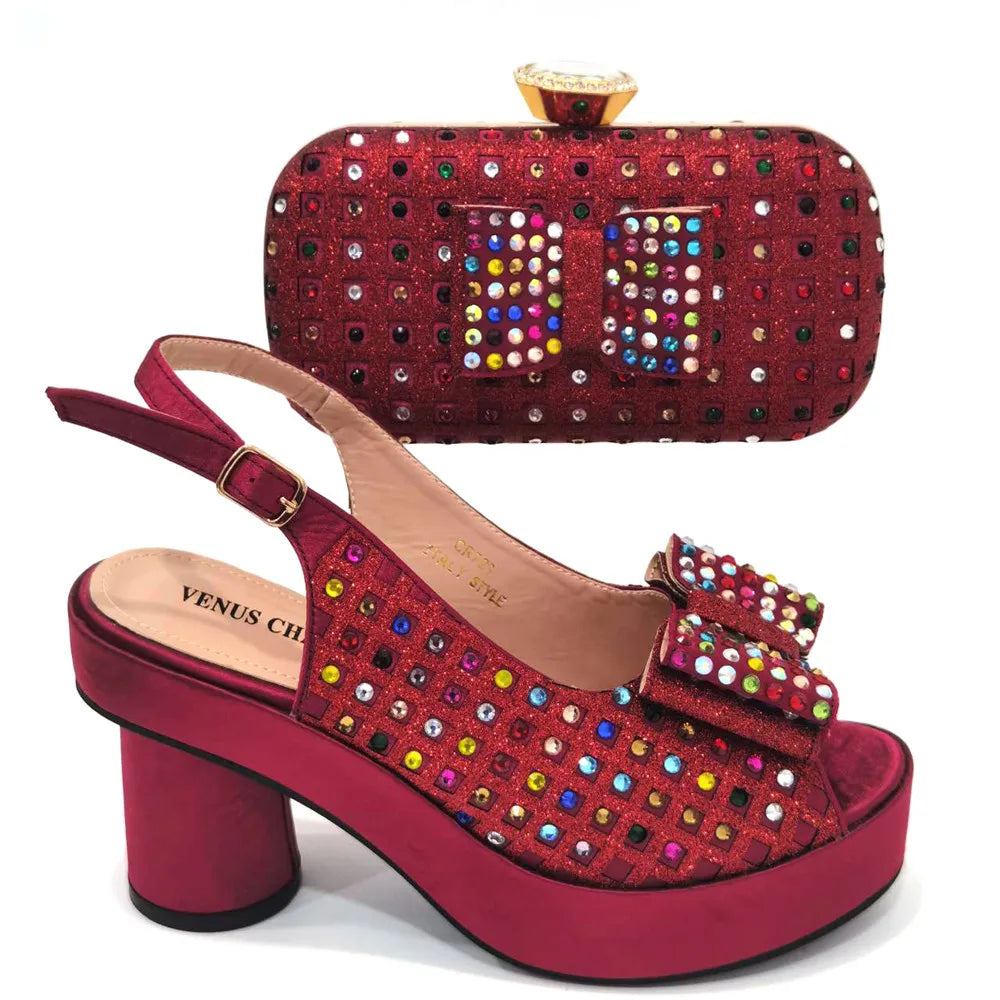 2024 Gold Party Shoe and Bag for Wedding Italy Style Matching Shoes and Purse Set for Bride Bridal High Heels Sandals Bag