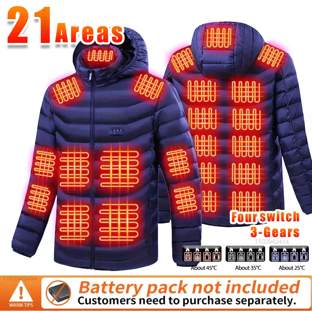 New Heated Jacket Men Women Coats 9/21 Areas USB Self Heated Clothing Winter Ski Camping Heated Down Jacket with Detachable Hood