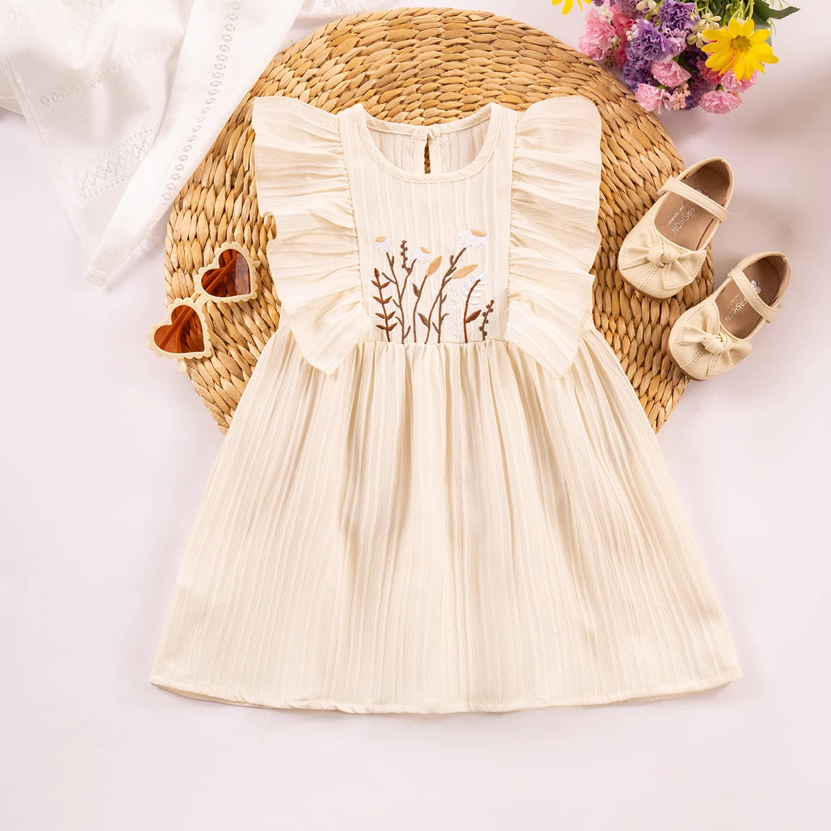 Baby Girl Summer Dress Embroidered Floral Details Sweet Solid Colour Round Neckline Fashionable Trendy Clothing