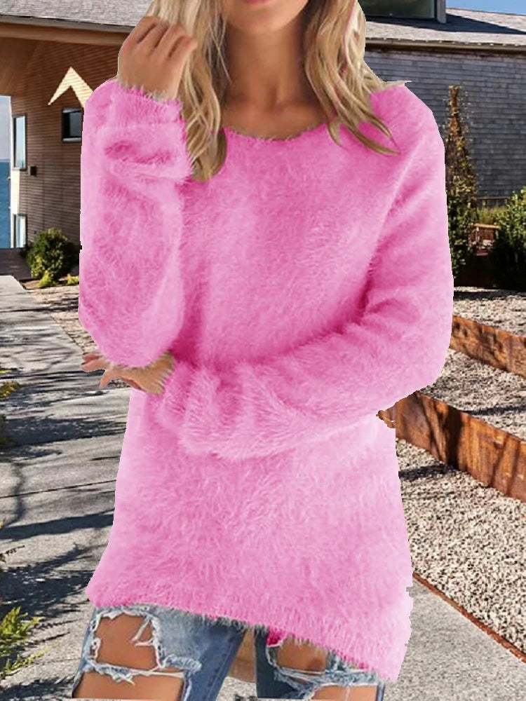 Women Cotton Warm Knitted Sweater Solid Color O Neck Loose Pullover Long Sweater Casual Oversize Blouse Ladies Hipster Clothing