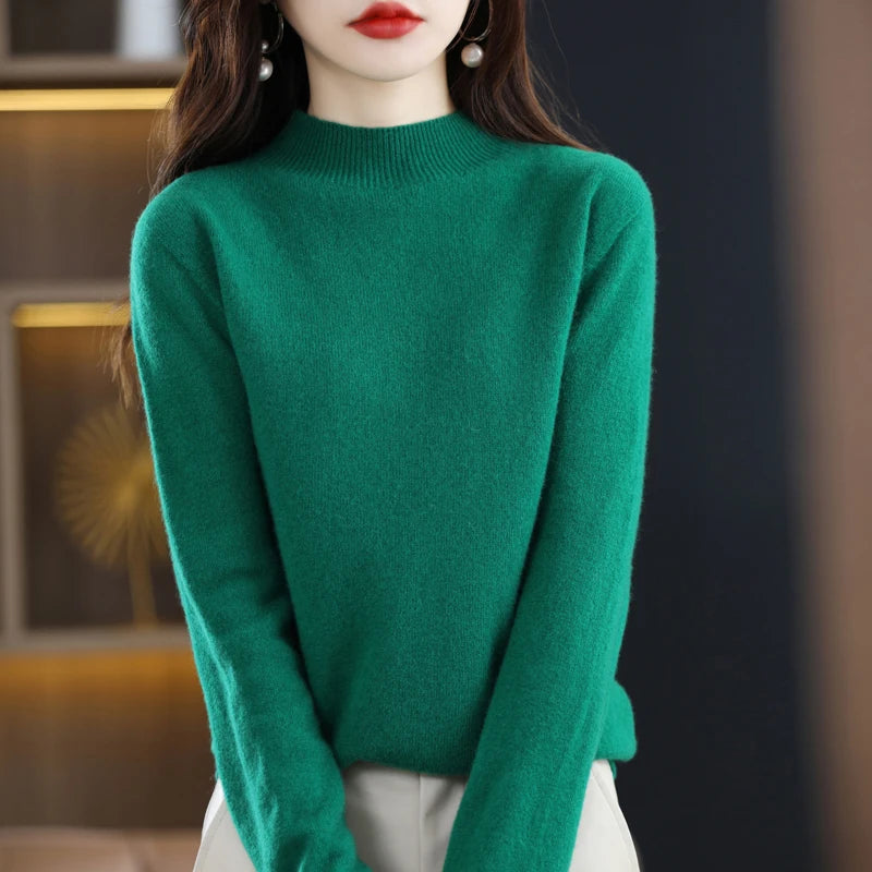 New Fashion Autumn And Winter Pure Wool Sweater Top Women's Semi-Turtleneck Solid Color Long-Sleeved Fashion Pullover Sweater101
