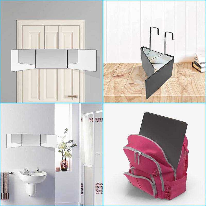 S Travel Portable 360 Trifold Vanity Makeup Mirror with Height Adjustable Telescoping Hook for Hair Self Cutting Fordable Mirror