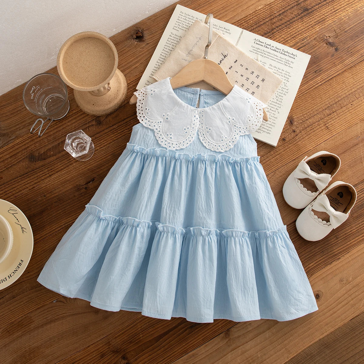 Summer New Solid Color Lace Trim Doll Neck Gentle Baby Dresses Cute Casual Baby Girl's Girl Princess Dresses