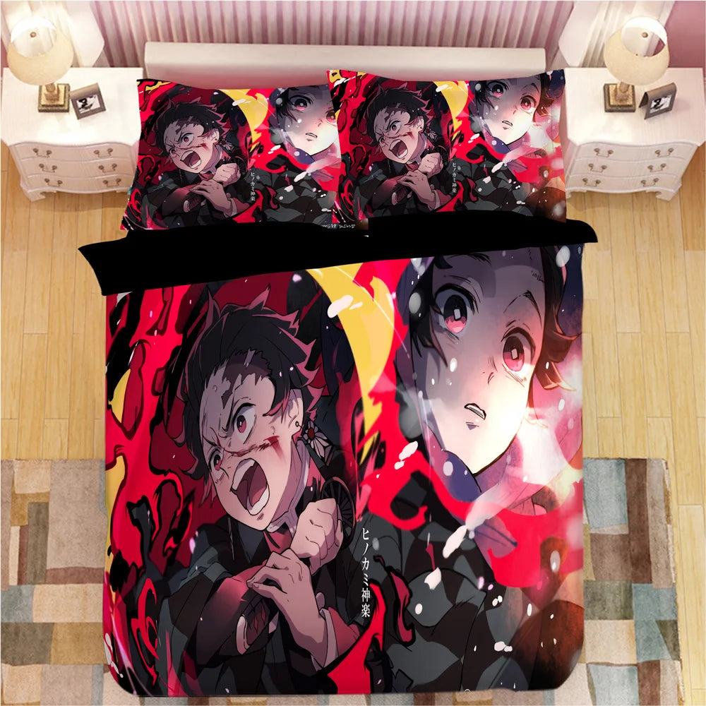 Demon Slayer Bedding Sets Cartoon Comforter Bed Linen Boys Kids Single Double Size Soft Bedclothes Home Decor Anime Duvet Covers