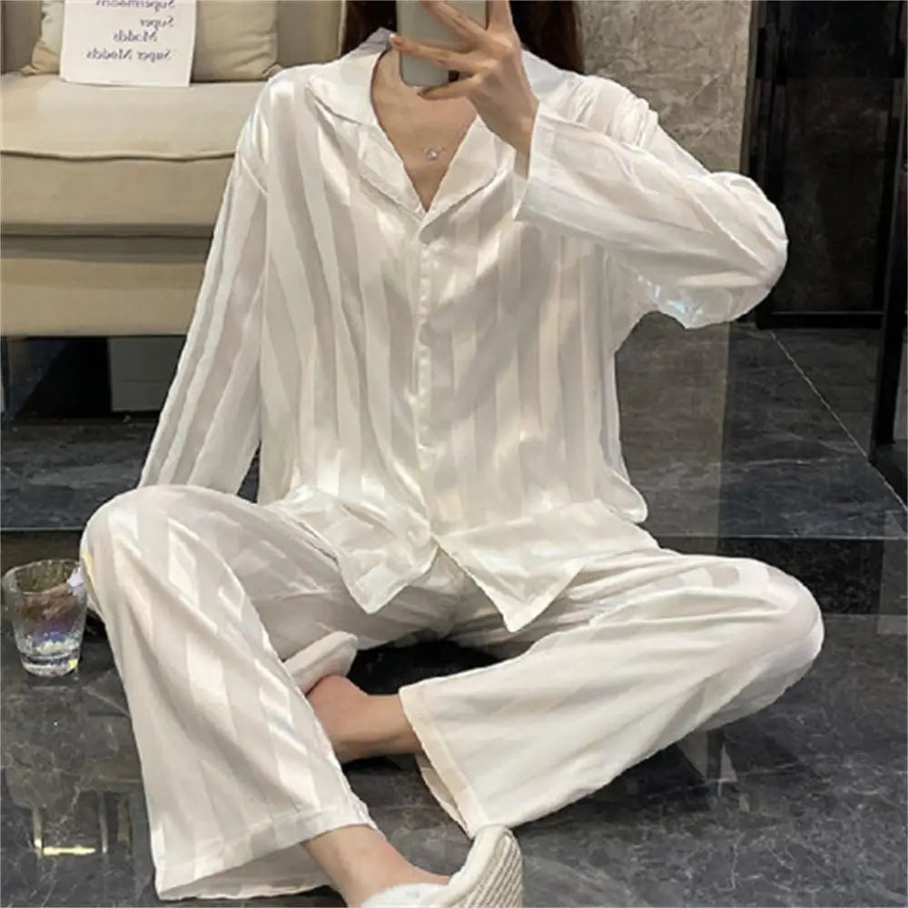 Women's Summer Striped Pajama Set Long Sleeve Top Trousers Silk Satin Home Suit Spring Loose Casual Sleepwear Female Nightwear