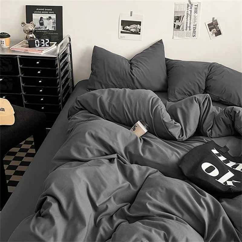 100% Cotton Bed Linen Bedding Set Washed Cotton Four Pieces Bed Sheet Set Comforter Sets Dolid Double Couple Bed Quilt Cover